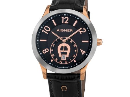 AIGNER Treviso Men s Rose Gold & Black Leather Strap Watch For Discount